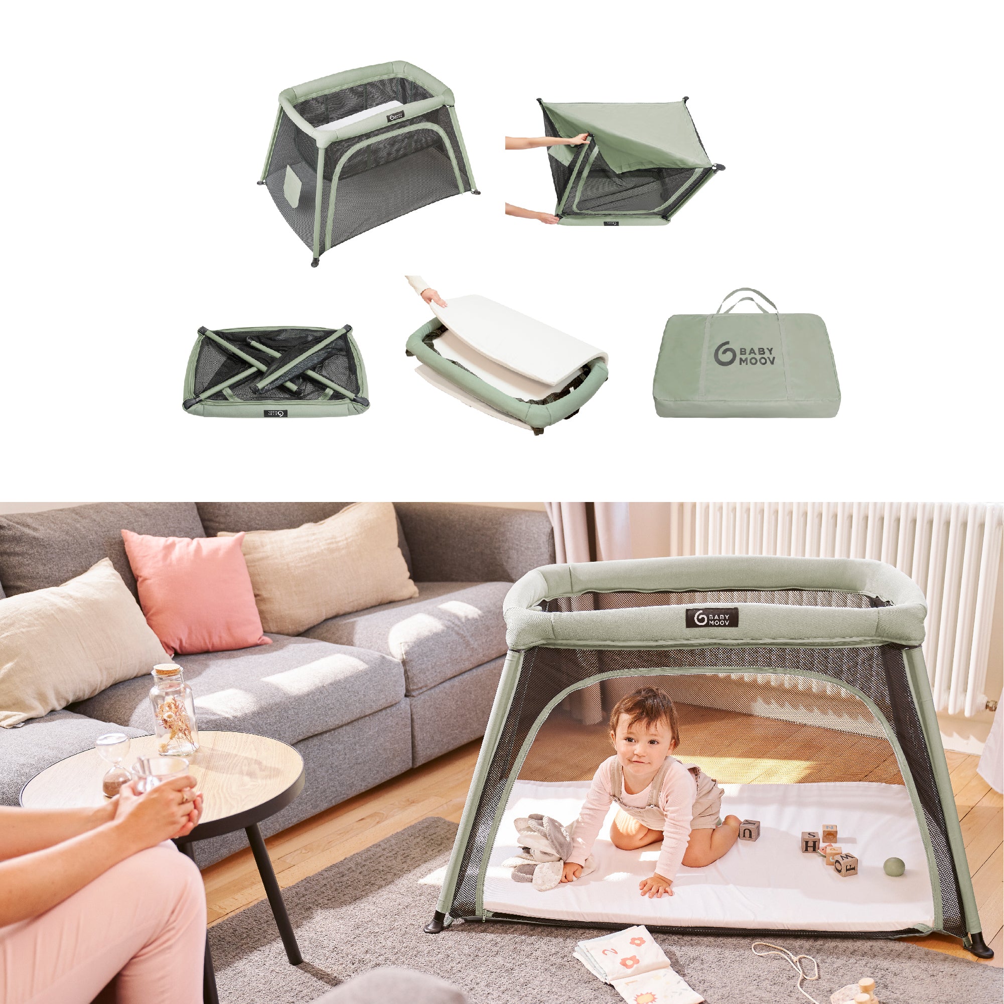 Lit parapluie avec berceau intégré - Moov & Comfy Reconditionné